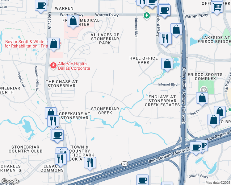 map of restaurants, bars, coffee shops, grocery stores, and more near 2 Riva Ridge in Frisco