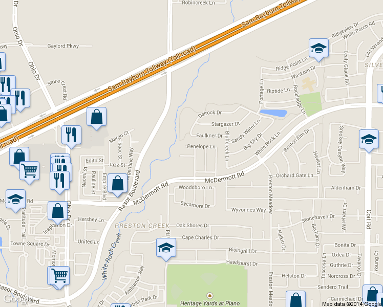 map of restaurants, bars, coffee shops, grocery stores, and more near 8732 San Bernard Street in Plano