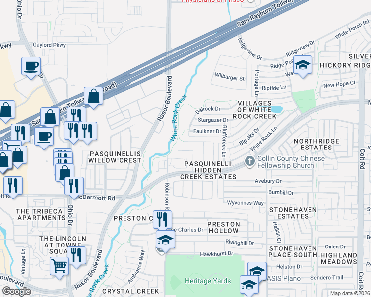 map of restaurants, bars, coffee shops, grocery stores, and more near 4674 Perthshire Court in Plano