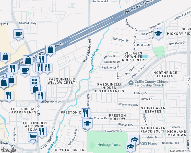 map of restaurants, bars, coffee shops, grocery stores, and more near 4674 Perthshire Court in Plano