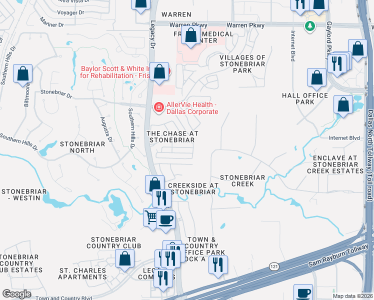map of restaurants, bars, coffee shops, grocery stores, and more near 5622 Braemar Drive in Frisco
