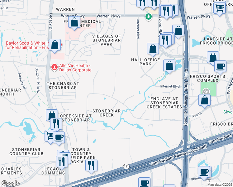 map of restaurants, bars, coffee shops, grocery stores, and more near 2 Riva Ridge in Frisco
