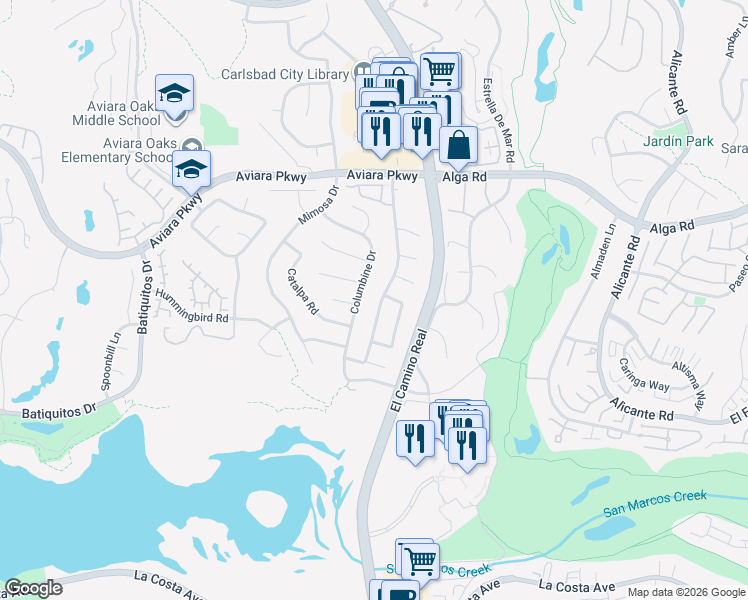map of restaurants, bars, coffee shops, grocery stores, and more near 7203 Manzanita Street in Carlsbad