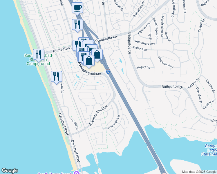 map of restaurants, bars, coffee shops, grocery stores, and more near 7311 San Luis Street in Carlsbad
