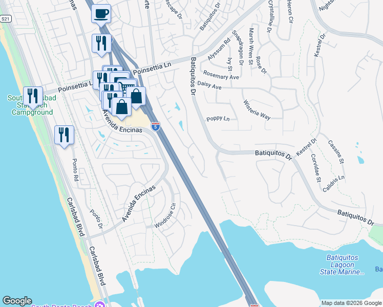 map of restaurants, bars, coffee shops, grocery stores, and more near 916 Myrtle Court in Carlsbad