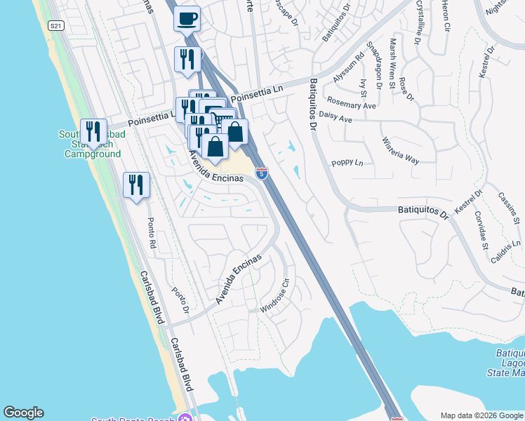 map of restaurants, bars, coffee shops, grocery stores, and more near 7315 San Luis Street in Carlsbad