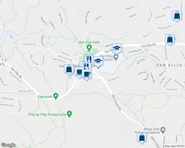 map of restaurants, bars, coffee shops, grocery stores, and more near 1291 Elfin Forest Road East in San Marcos