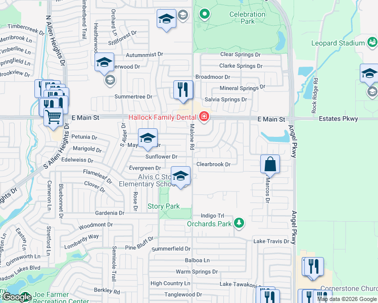 map of restaurants, bars, coffee shops, grocery stores, and more near 2 Jennifer Court in Allen