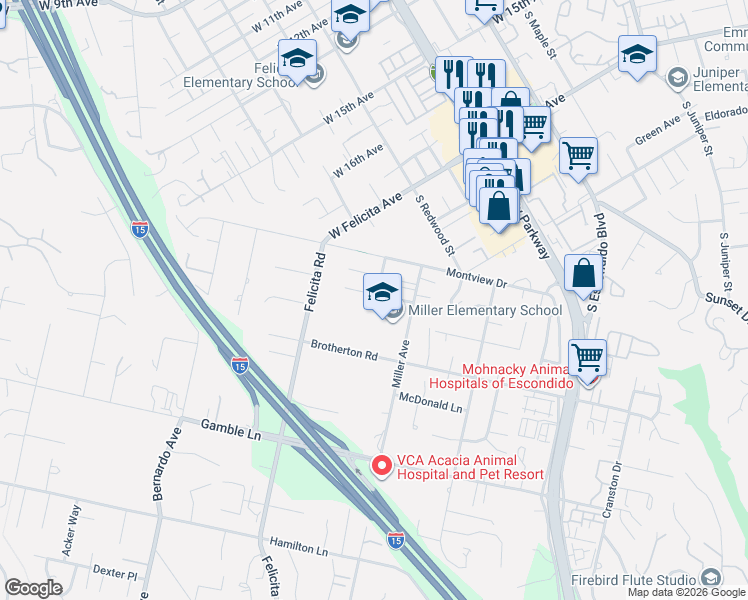 map of restaurants, bars, coffee shops, grocery stores, and more near 831 Danica Place in Escondido