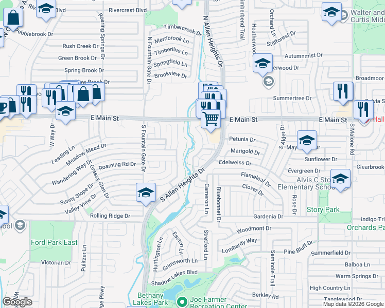 map of restaurants, bars, coffee shops, grocery stores, and more near 301 Bardwell Drive in Allen