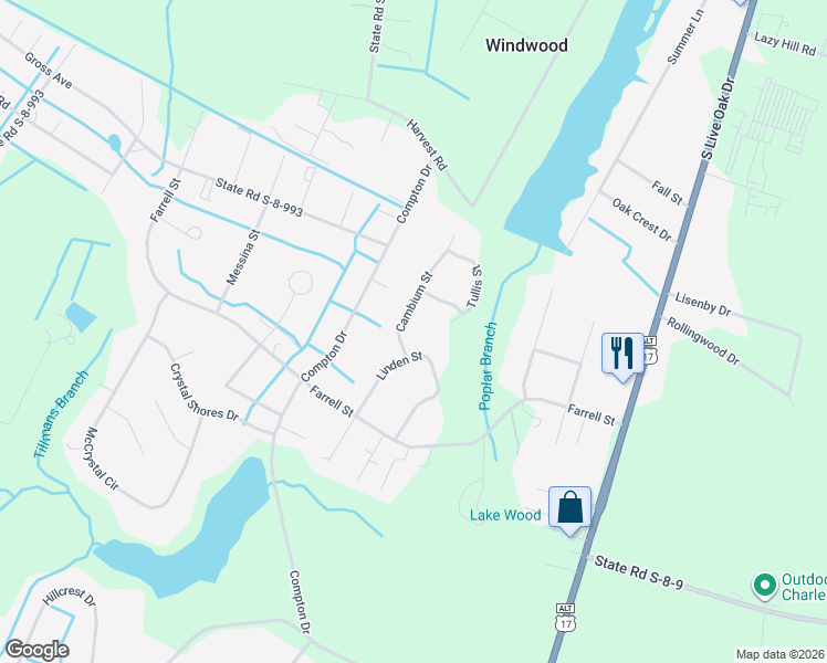 map of restaurants, bars, coffee shops, grocery stores, and more near 102 Cambium Street in Moncks Corner