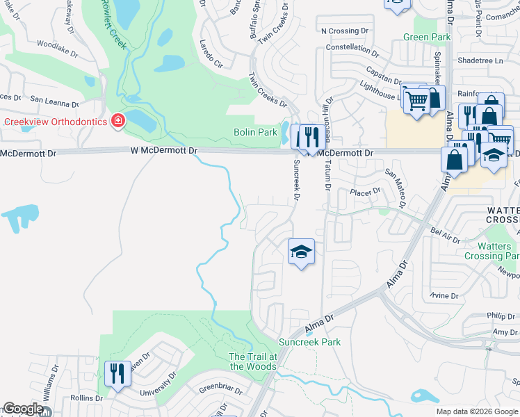map of restaurants, bars, coffee shops, grocery stores, and more near 309 Anderson Court in Allen