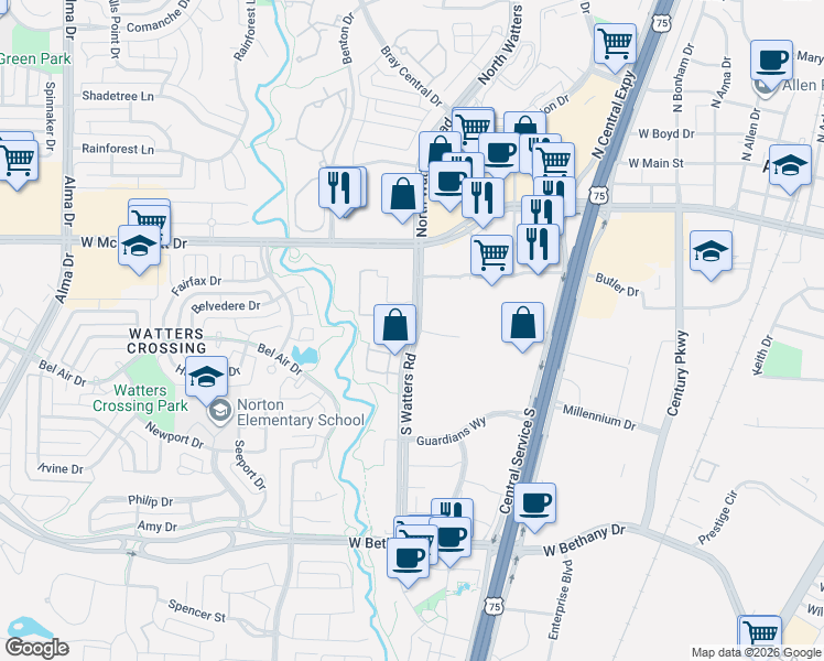 map of restaurants, bars, coffee shops, grocery stores, and more near 284 South Watters Road in Allen