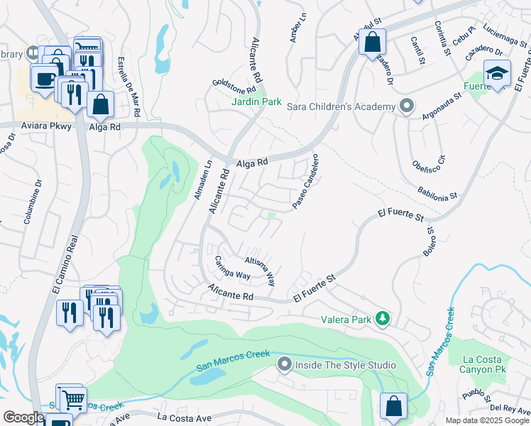 map of restaurants, bars, coffee shops, grocery stores, and more near 7042 Zubaron Lane in Carlsbad