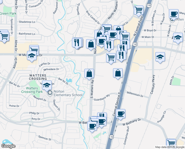 map of restaurants, bars, coffee shops, grocery stores, and more near 300 South Watters Road in Allen