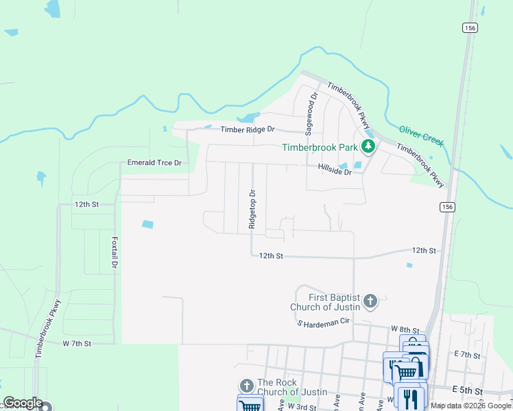 map of restaurants, bars, coffee shops, grocery stores, and more near 1013 Ridgetop Drive in Justin
