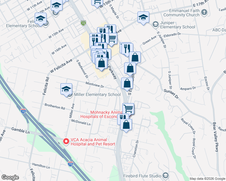 map of restaurants, bars, coffee shops, grocery stores, and more near 551 Montview Drive in Escondido
