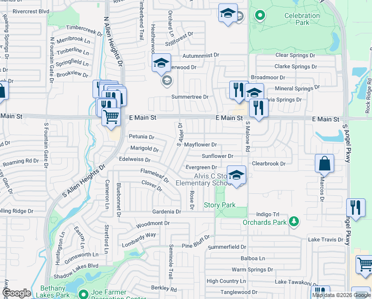 map of restaurants, bars, coffee shops, grocery stores, and more near 302 Periwinkle Drive in Allen
