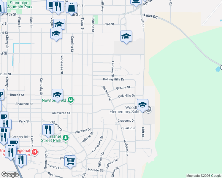 map of restaurants, bars, coffee shops, grocery stores, and more near 1410 Brazos Street in Graham