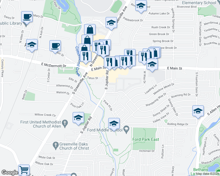 map of restaurants, bars, coffee shops, grocery stores, and more near 313 South Jupiter Road in Allen