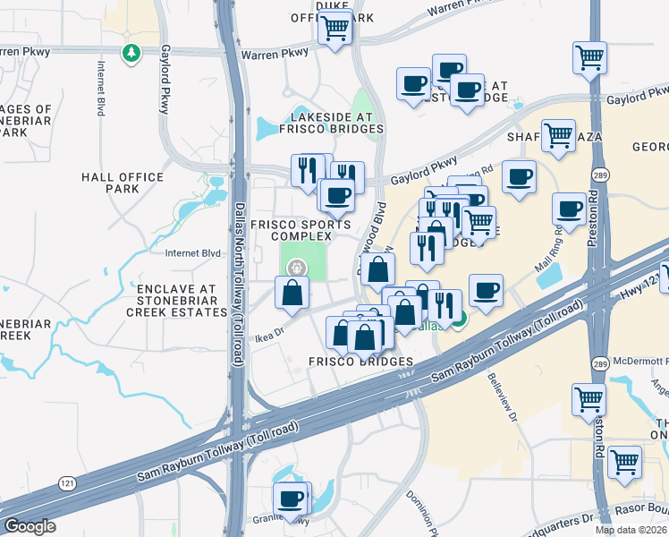 map of restaurants, bars, coffee shops, grocery stores, and more near 7755 John Q Hammons Drive in Frisco