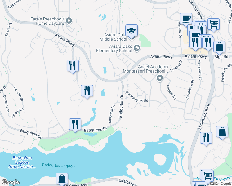 map of restaurants, bars, coffee shops, grocery stores, and more near 7163 Tern Place in Carlsbad