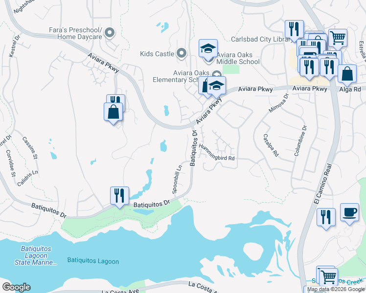 map of restaurants, bars, coffee shops, grocery stores, and more near 7163 Tern Place in Carlsbad