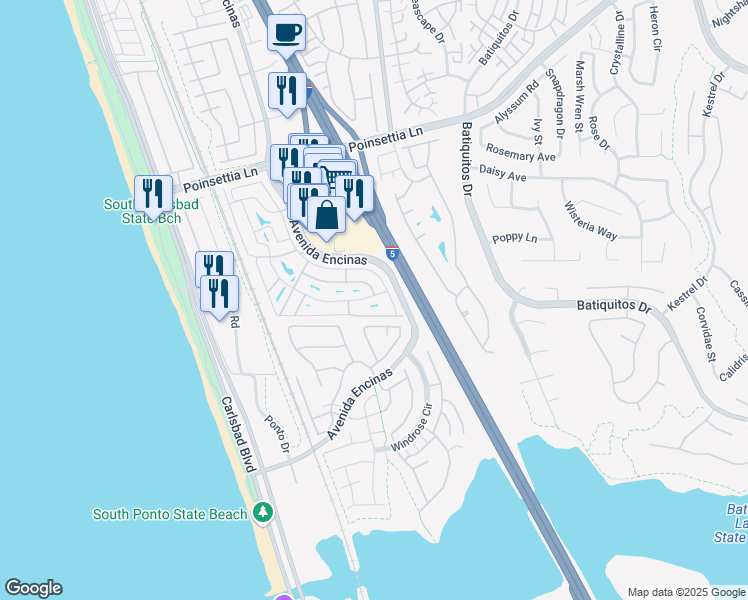 map of restaurants, bars, coffee shops, grocery stores, and more near 7315 Santa Barbara Street in Carlsbad