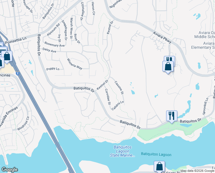 map of restaurants, bars, coffee shops, grocery stores, and more near 1315 Corvidae Street in Carlsbad