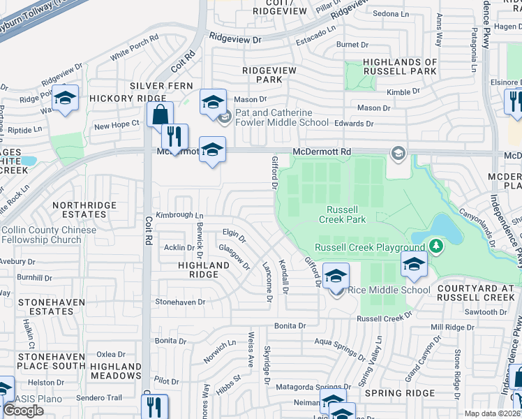 map of restaurants, bars, coffee shops, grocery stores, and more near 3621 Dewberry Court in Plano