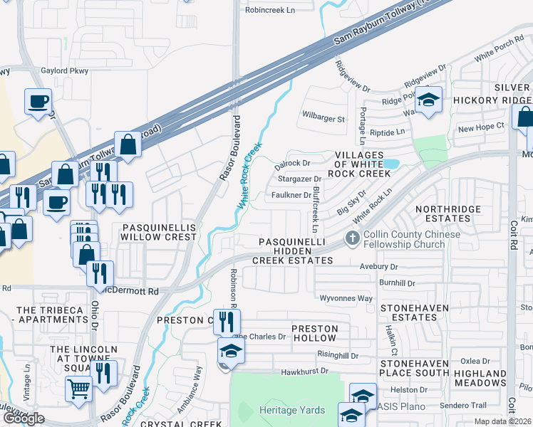 map of restaurants, bars, coffee shops, grocery stores, and more near 8732 San Bernard Street in Plano