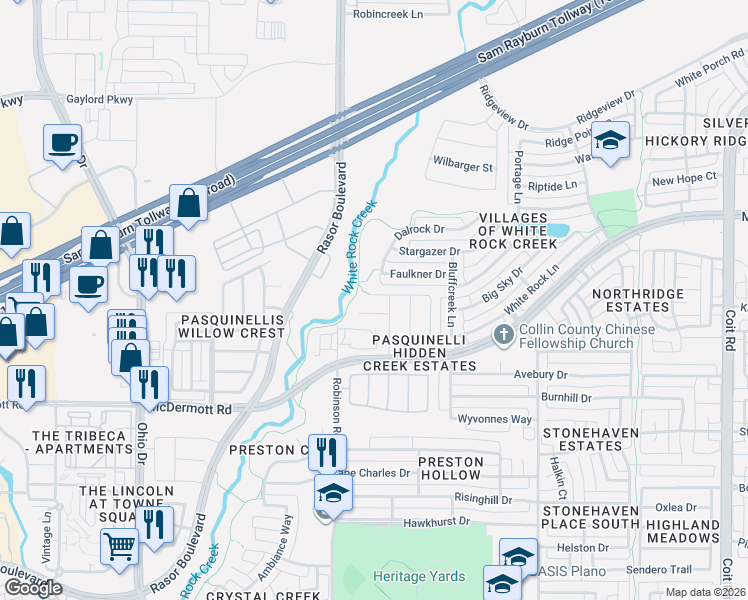 map of restaurants, bars, coffee shops, grocery stores, and more near 4674 Perthshire Court in Plano