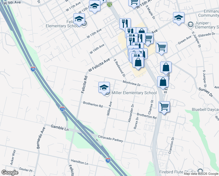 map of restaurants, bars, coffee shops, grocery stores, and more near 722 Danica Place in Escondido