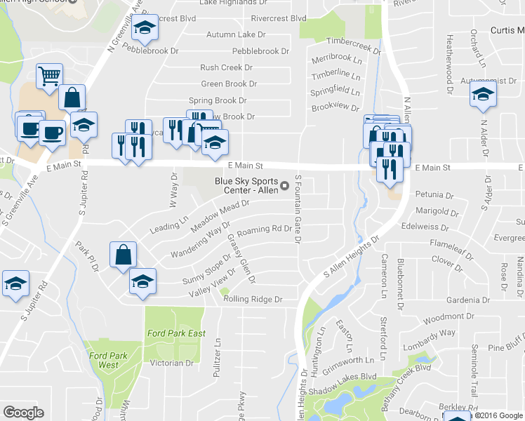 map of restaurants, bars, coffee shops, grocery stores, and more near 911 Wandering Way Drive in Allen