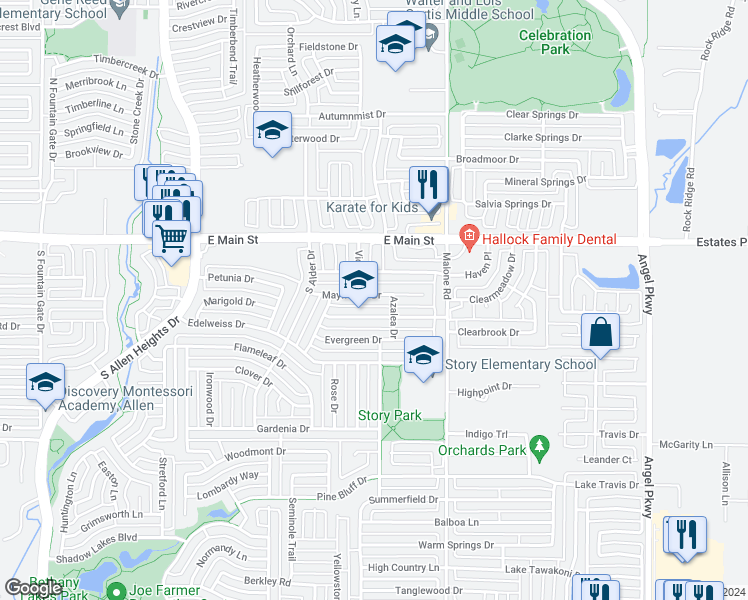 map of restaurants, bars, coffee shops, grocery stores, and more near 1524 Mayflower Drive in Allen