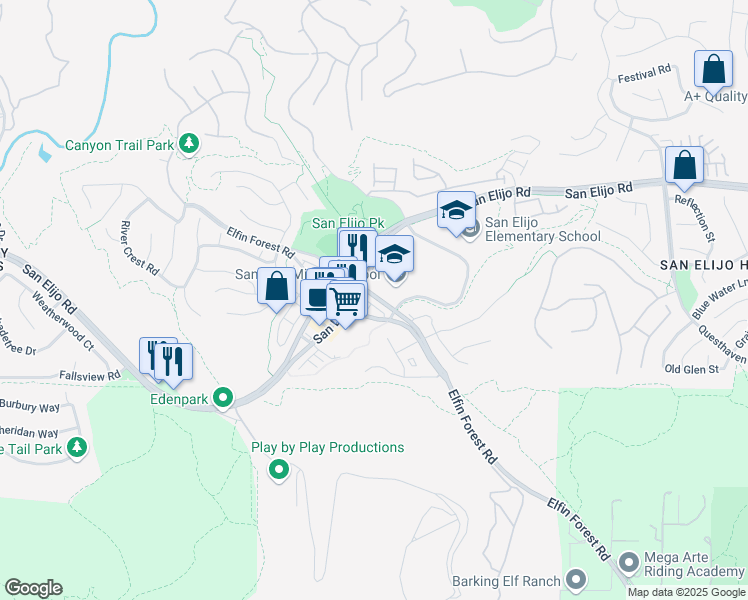 map of restaurants, bars, coffee shops, grocery stores, and more near 1227 Elfin Forest Road East in San Marcos