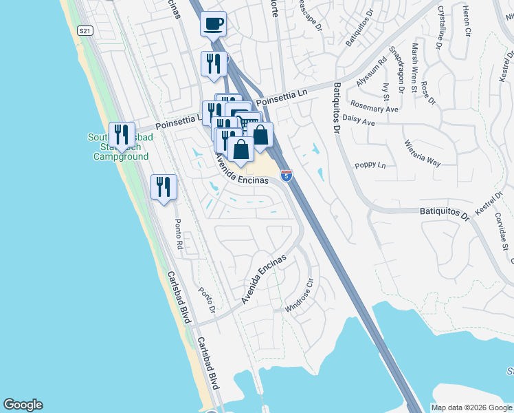 map of restaurants, bars, coffee shops, grocery stores, and more near 7302 Santa Barbara Street in Carlsbad