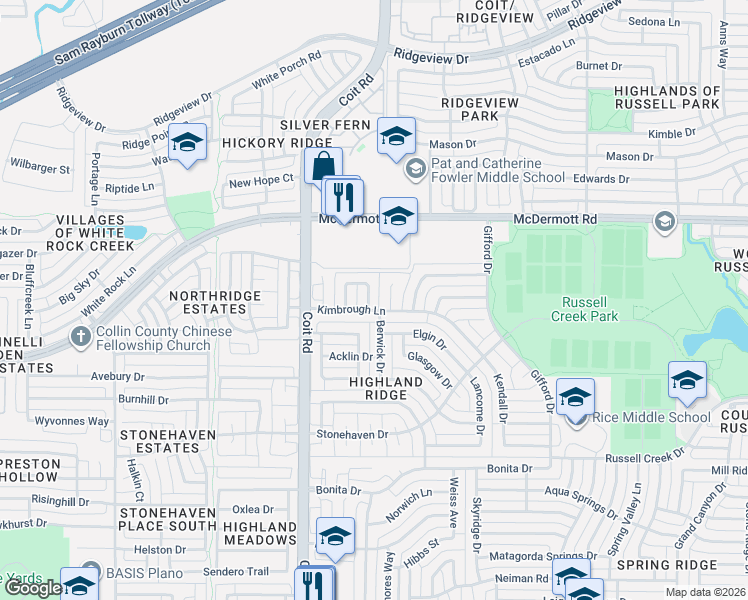 map of restaurants, bars, coffee shops, grocery stores, and more near 3880 Kimbrough Lane in Plano
