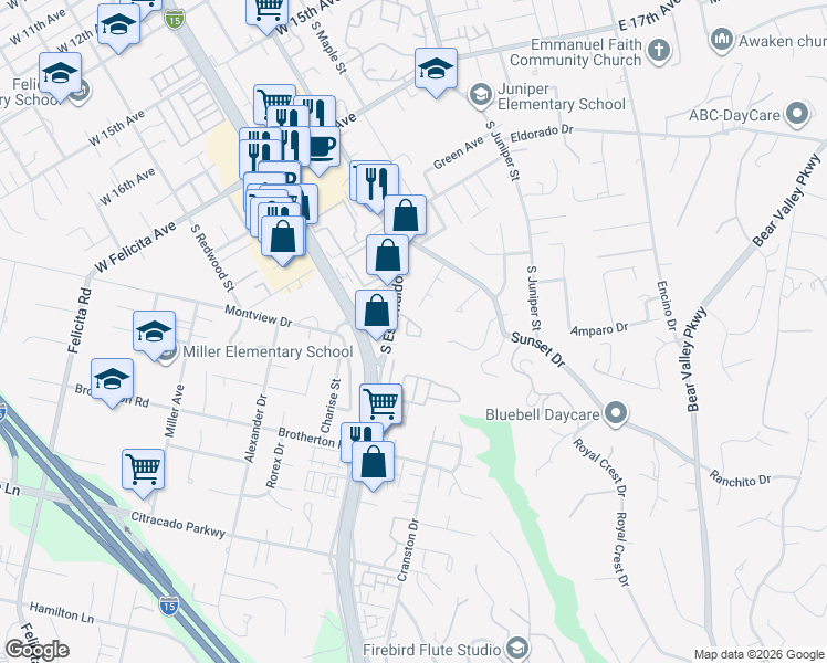 map of restaurants, bars, coffee shops, grocery stores, and more near 1942 Arbor Glen in Escondido