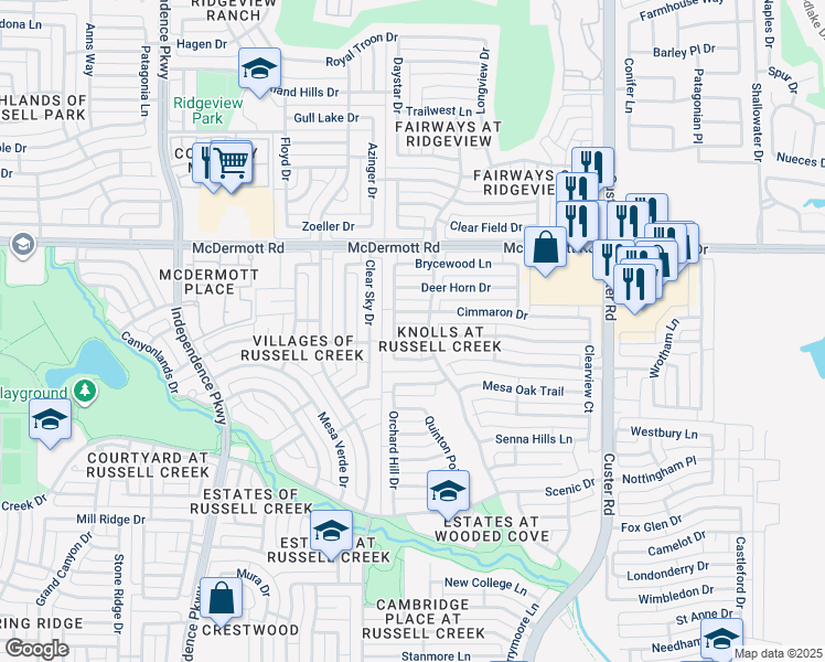 map of restaurants, bars, coffee shops, grocery stores, and more near 2505 Allegro Lane in Plano