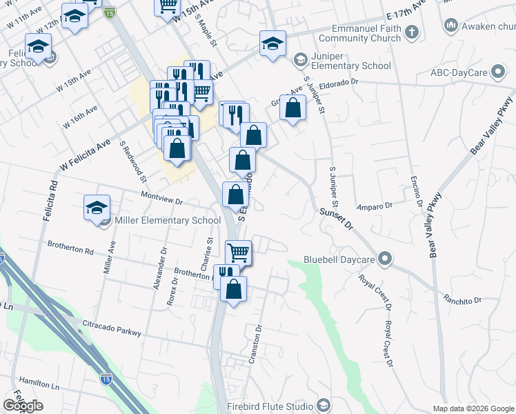 map of restaurants, bars, coffee shops, grocery stores, and more near 1978 Arbor Glen in Escondido