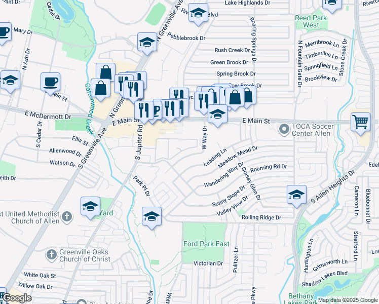 map of restaurants, bars, coffee shops, grocery stores, and more near 132 West Way Drive in Allen