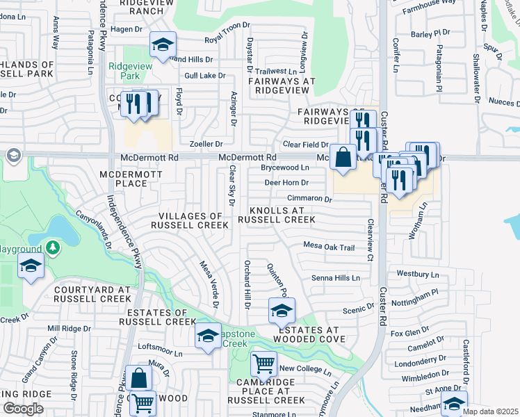 map of restaurants, bars, coffee shops, grocery stores, and more near 2505 Allegro Lane in Plano