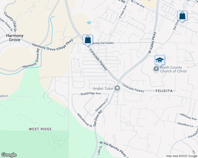 map of restaurants, bars, coffee shops, grocery stores, and more near 2400 West Valley Parkway in Escondido