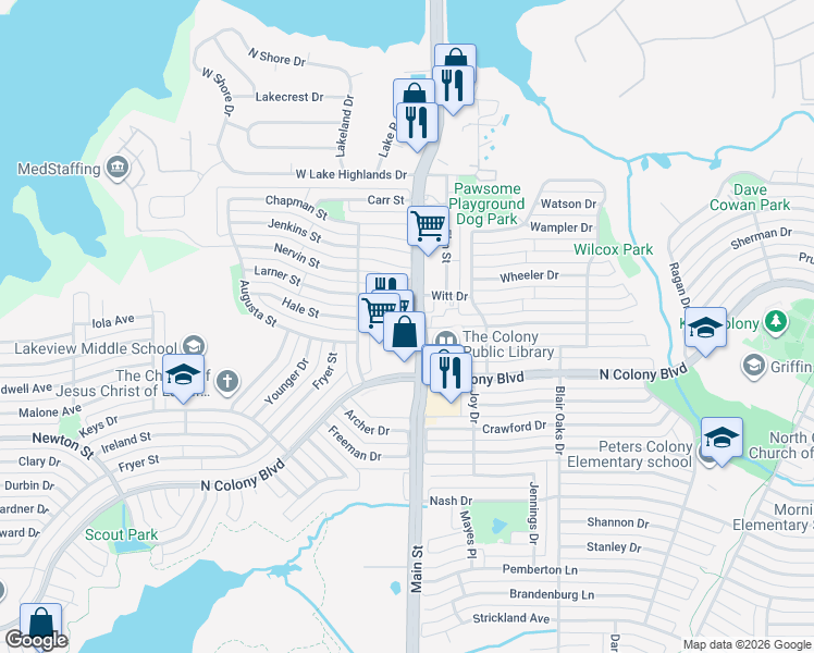 map of restaurants, bars, coffee shops, grocery stores, and more near 6805 Main Street in The Colony
