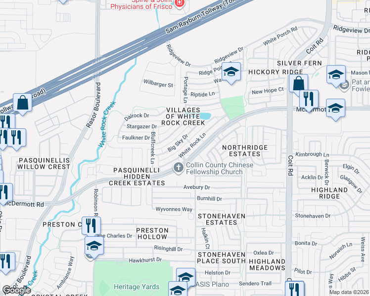 map of restaurants, bars, coffee shops, grocery stores, and more near 8724 Winter Wood Court in Plano