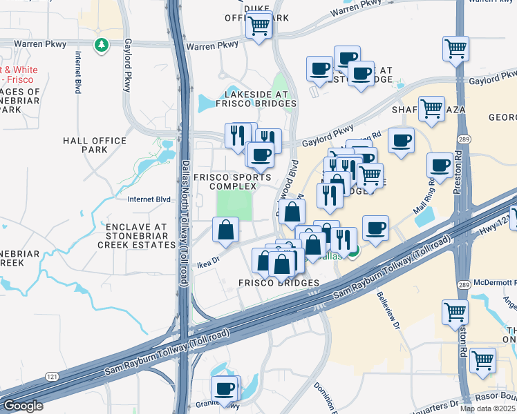map of restaurants, bars, coffee shops, grocery stores, and more near 7755 John Q Hammons Drive in Frisco