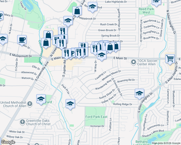 map of restaurants, bars, coffee shops, grocery stores, and more near 128 West Way Drive in Allen