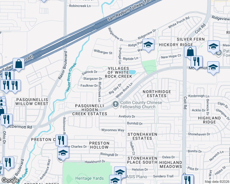 map of restaurants, bars, coffee shops, grocery stores, and more near 4509 White Rock Lane in Plano