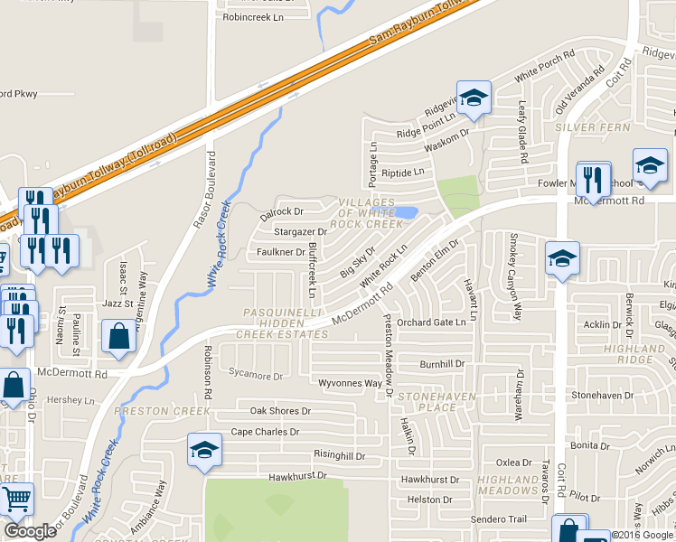 map of restaurants, bars, coffee shops, grocery stores, and more near 4509 White Rock Lane in Plano